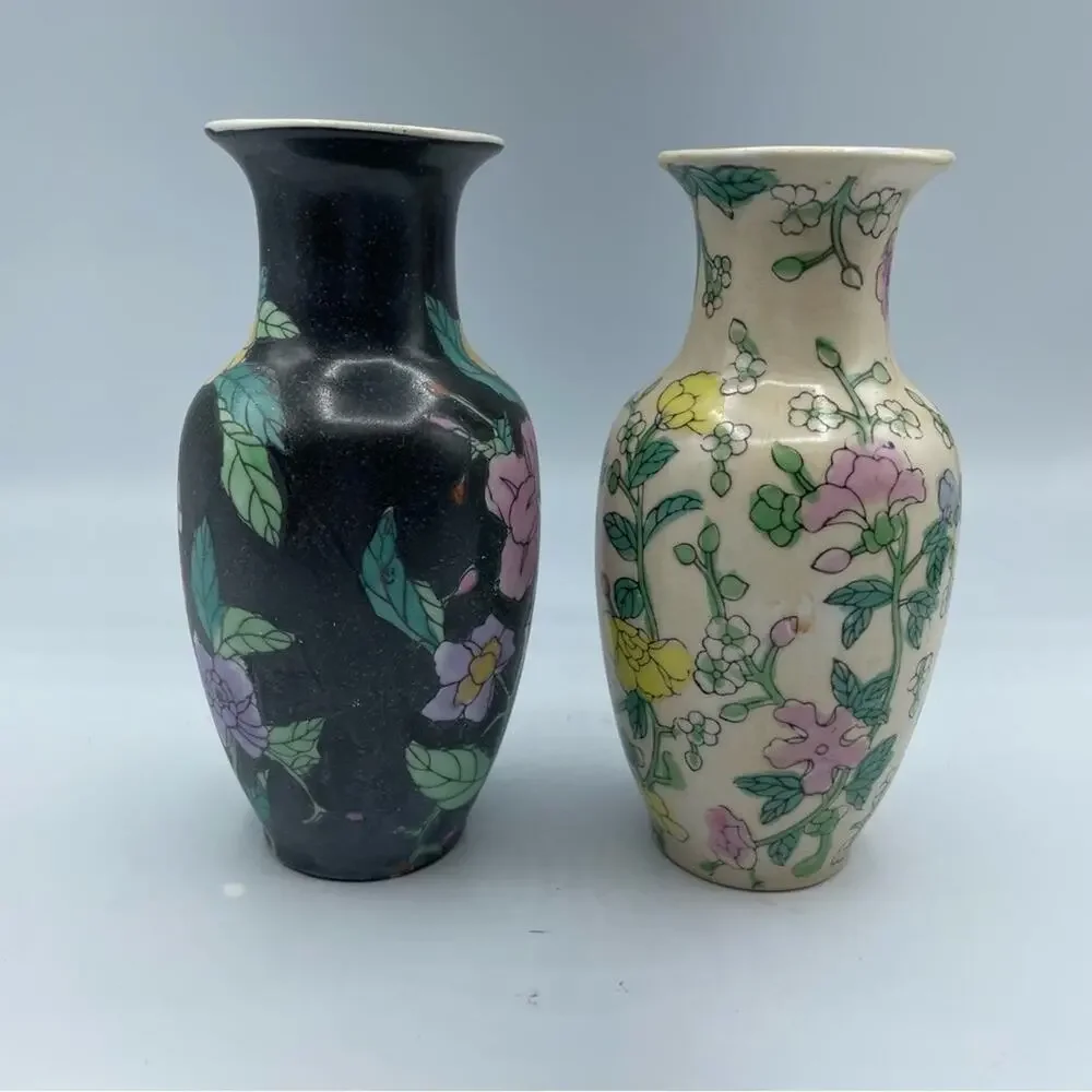 Vintage Mini Vase Set Black & White Floral Made in China